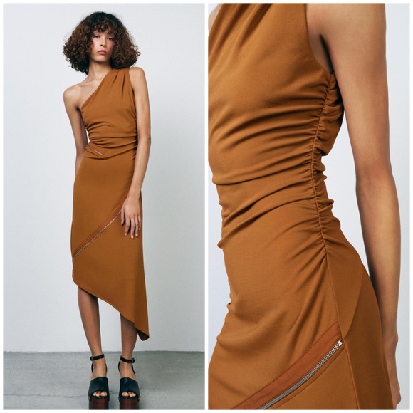 ZARA One Shoulder Asymmetric Zipper Dress Burnt Orange - Picture 1 of 15